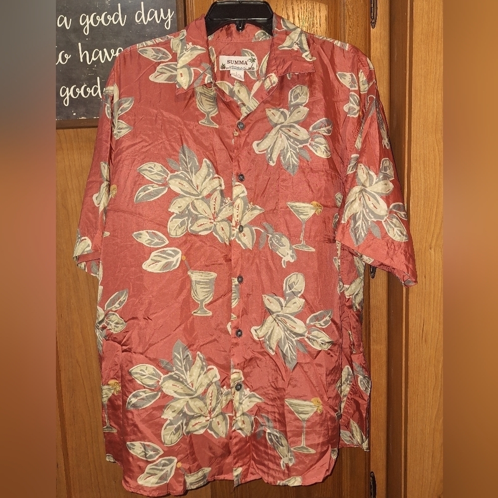 Summa Terracotta and Cream Leaf Print Silk Blend Tropical Short Sleeve Shirt.